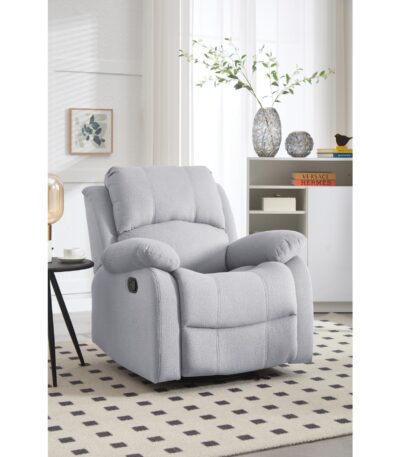 Grey textured fabric rocker recliner with pillow-top arms and swivel base