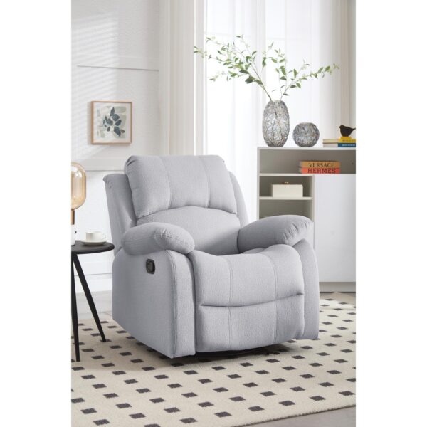 Grey textured fabric rocker recliner with pillow-top arms and swivel base