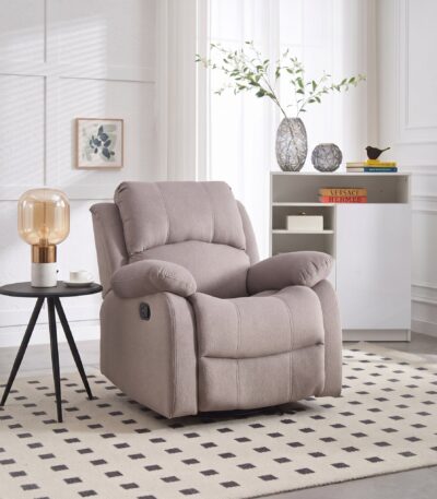 Warm taupe fabric swivel rocker recliner with pillow-top arms and manual recline lever