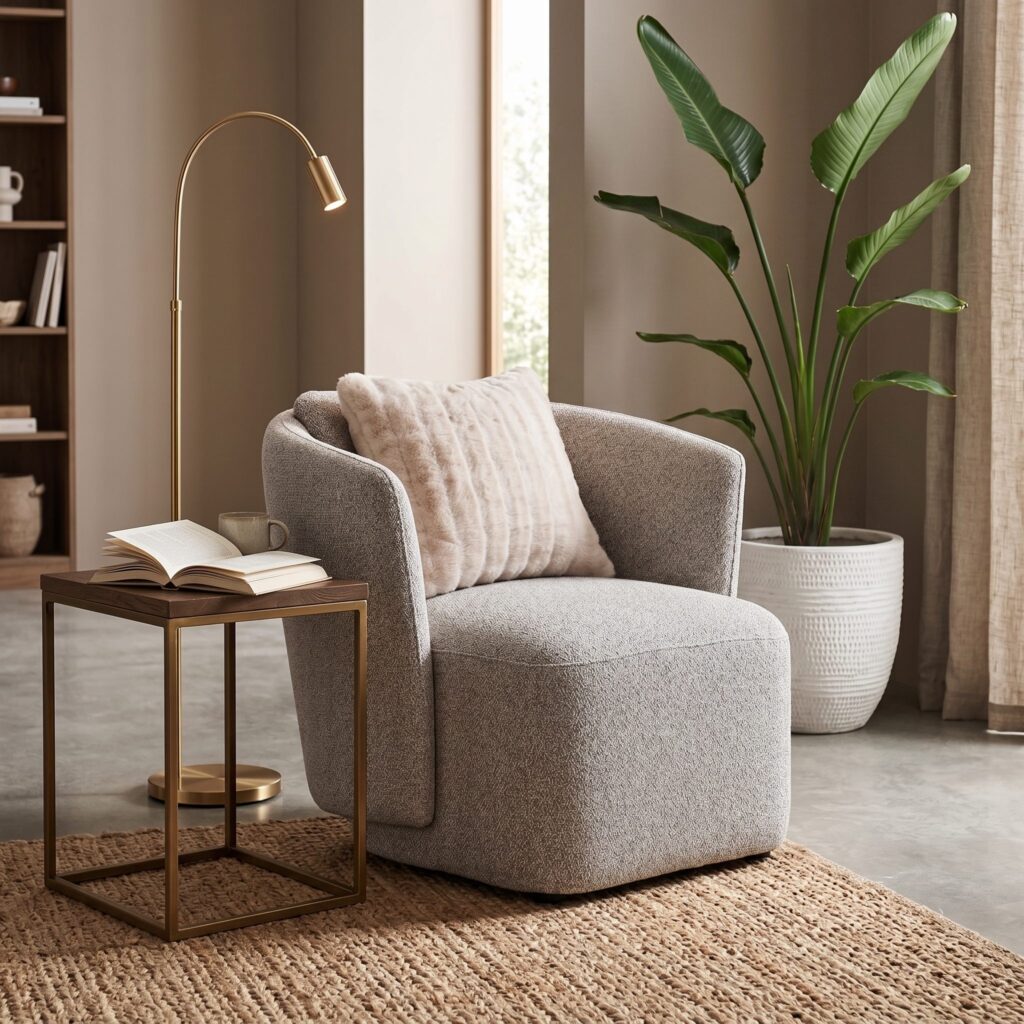 Warm grey textured fabric sofa chair with rounded barrel arms and blush scatter cushion