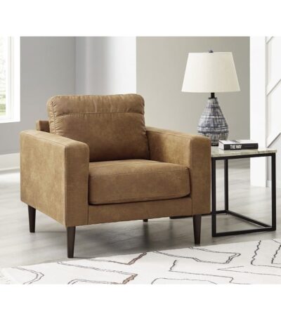 Caramel brown faux-leather sofa chair with square arms and tapered wood legs