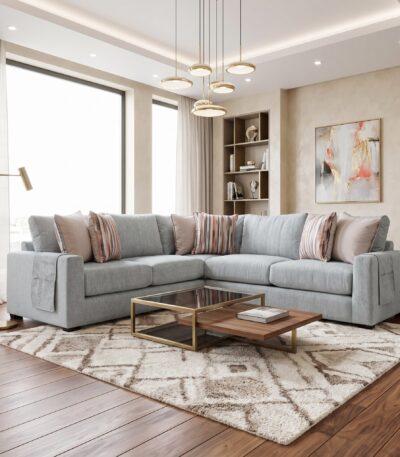 Mist grey fabric corner sofa set with track arms and striped scatter cushions