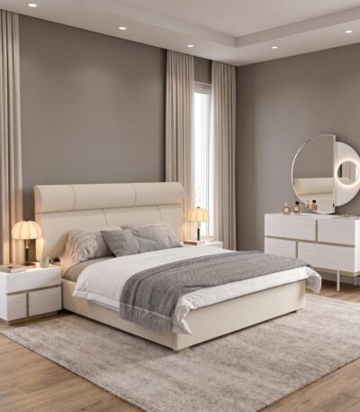 White boucle rolled headboard King bed with wood-grain nightstand — view 2