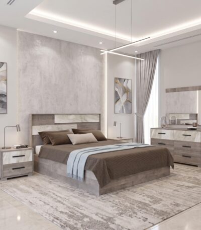 King bed with Grey Oak wood-grain finish and Venato Marble-Look inlay headboard