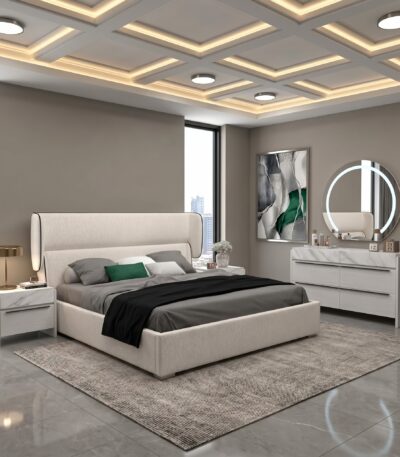 Cream Boucle King bed with wingback headboard and Marble-Look nightstand