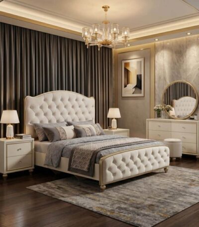 Ivory button-tufted velvet King bed with champagne gold trim and fluted legs
