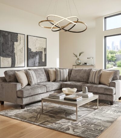 Smoke grey chenille fabric corner sofa set with track arms and striped scatter cushions