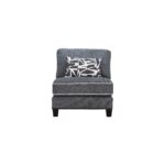 Charcoal grey fabric armless chair with white piping and graphic scatter cushion — view 2