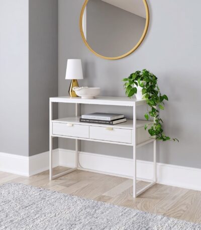 White office table with pickled oak wood-grain drawers and metal frame