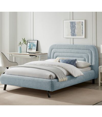 Dust Blue boucle Queen bed with channel-stitched headboard and black metal legs