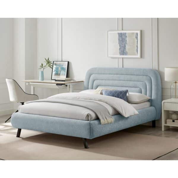 Dust Blue boucle Queen bed with channel-stitched headboard and black metal legs
