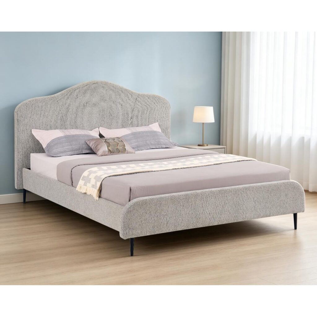 Queen upholstered bed with curved camelback headboard in White Wash Grey fabric