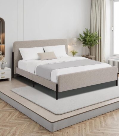 Queen upholstered bed with warm grey boucle panel headboard and black metal legs