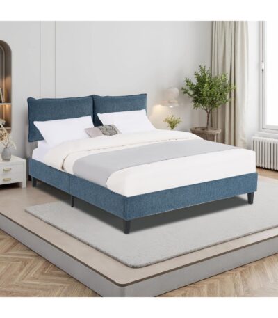 Queen upholstered bed with pillow-style headboard in Denim Blue fabric