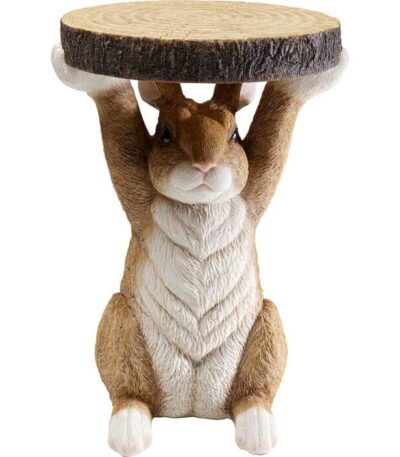 Hand-painted rabbit-shaped polyresin side table with wood-slice tabletop