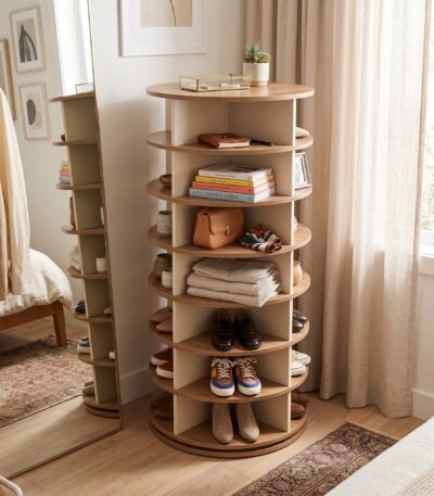 Rotating wood-look shoe rack with white uprights and eight open tiers
