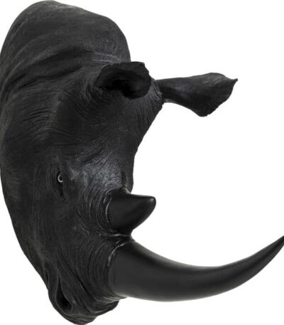 Sculptural rhino head wall decor in Antique Black with glass eye detail — view 2