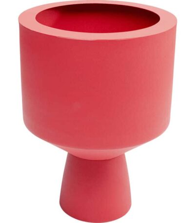 Matte red powder-coated steel vase with sculptural cone base and wide open bowl