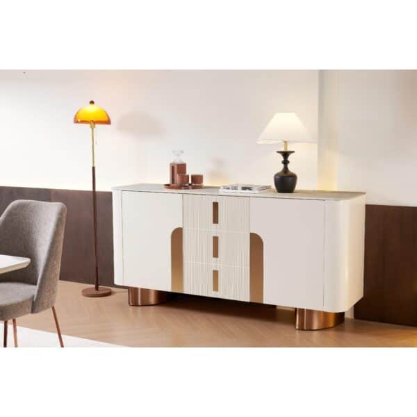 Milk white lacquered sideboard with sintered stone top and rose gold metal legs — view 3