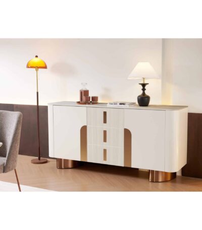 Milk white lacquered sideboard with sintered stone top and rose gold metal legs — view 3