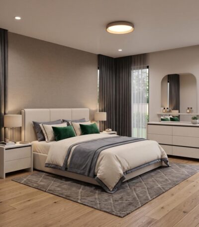 Cream upholstered panel headboard Super King bed with matching dresser and mirror