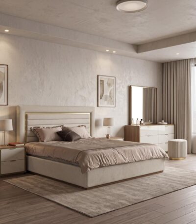 Ivory upholstered Super King bed with channel headboard and brass trim