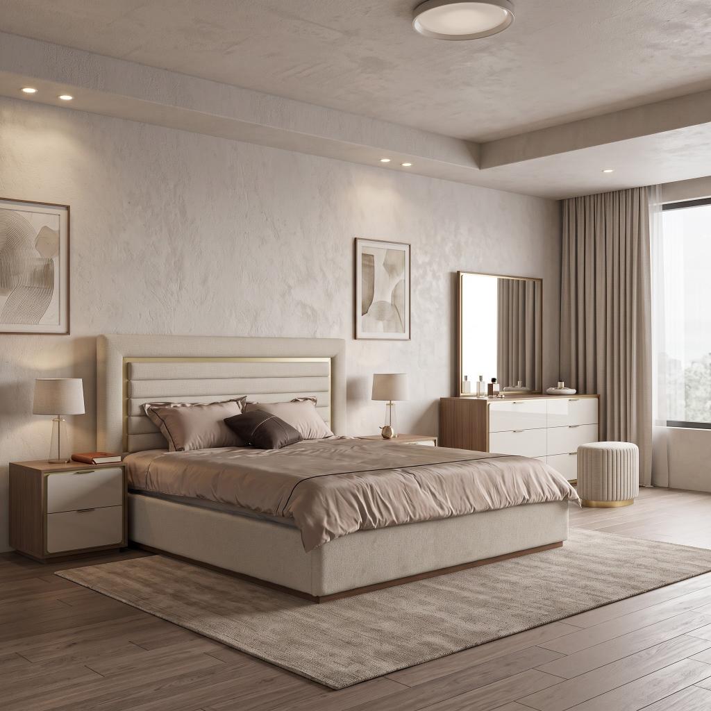 Ivory upholstered Super King bed with channel headboard and brass trim
