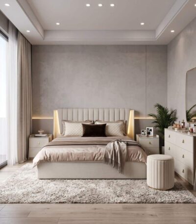 Super King bed with channel-tufted Warm Khaki headboard and Natural Oak side panels