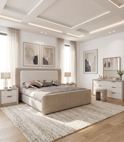 Warm Oatmeal upholstered Super King bed with panel headboard and low platform base