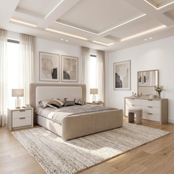 Warm Oatmeal upholstered Super King bed with panel headboard and low platform base