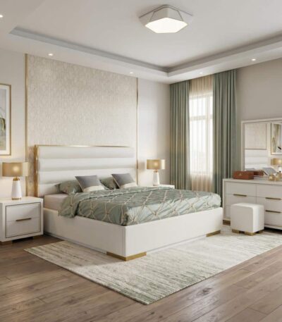 Ivory upholstered Super King bed with gold-trimmed lift-up storage base and matching nightstand
