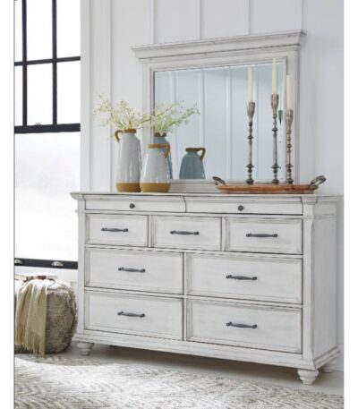 White distressed wood dresser with mirror and seven drawers