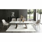 Extendable White & Grey marble-look ceramic dining table with gold pedestal legs