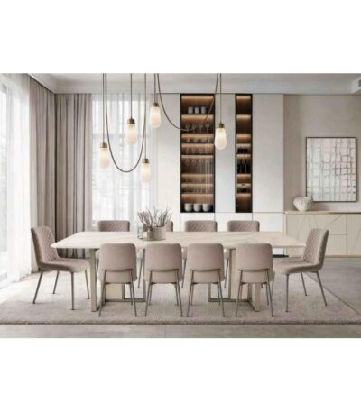 Rectangular Fishbelly White marble-look dining table with dual panel metal base