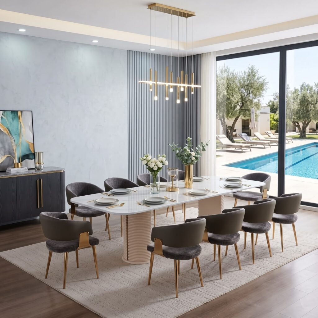 White marble-look rectangular dining table with fluted pedestal base and charcoal grey chairs
