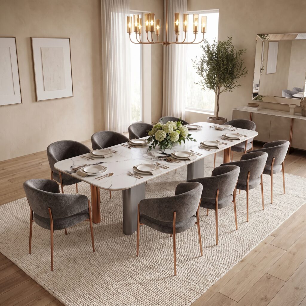 10 Seater Sintered Stone Dining Table Set – White & Copper