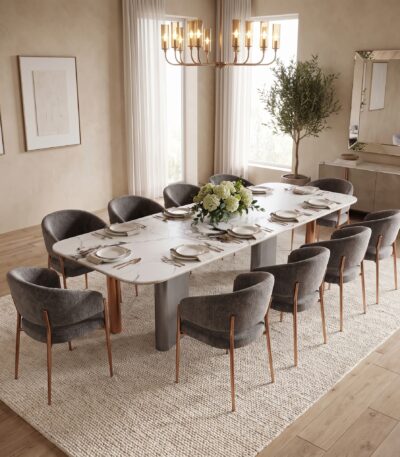 10 Seater Sintered Stone Dining Table Set – White & Copper