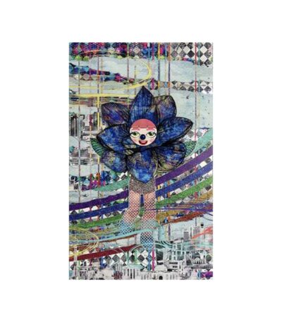 3D acrylic sculptural wall art with indigo flower face and stainless steel ball accent