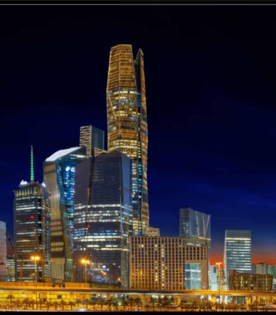 LED-lit Riyadh skyline artwork in black wood frame, 120x120 cm wall piece