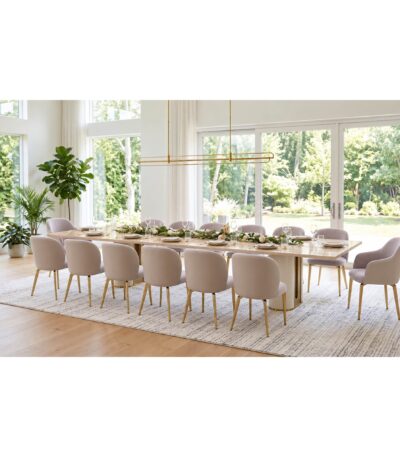 Rectangular wood-look dining table with cylindrical pedestal legs and bronze base trim