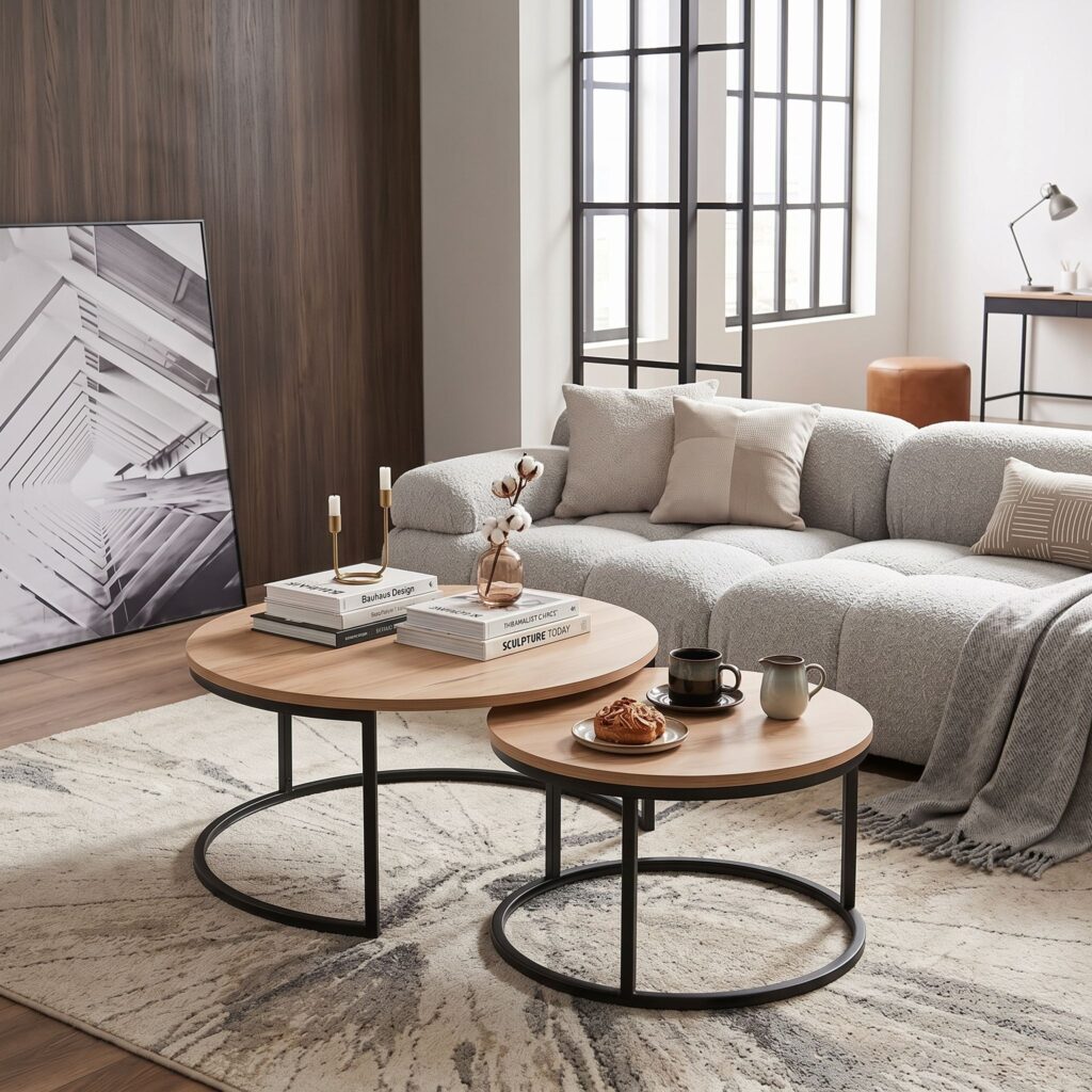 Round nesting coffee table set in Natural Oak wood-look with black metal drum base