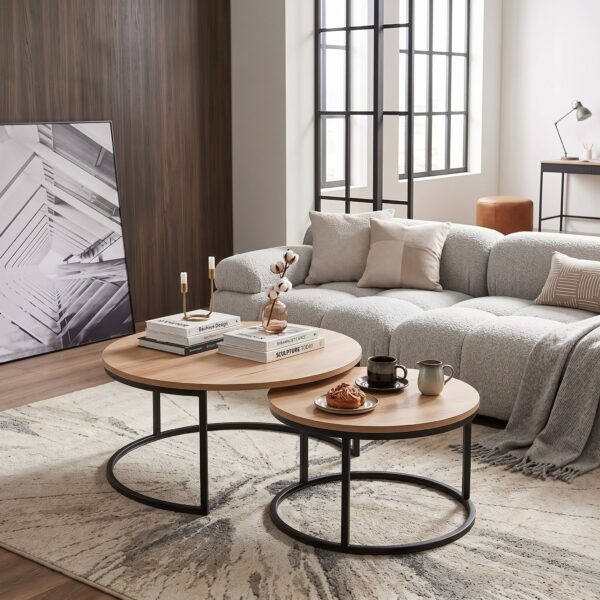 Round nesting coffee table set in Natural Oak wood-look with black metal drum base