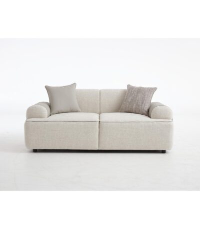 Warm oatmeal fabric loveseat with rolled arms and taupe faux-leather trim