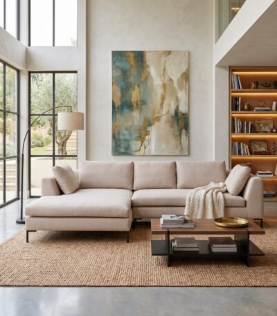 Warm oatmeal fabric corner sofa with chaise and slim black metal legs