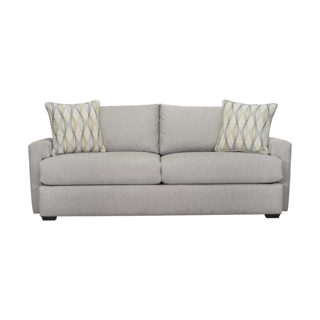 Warm grey 3 seater fabric sofa with square arms and patterned scatter cushions