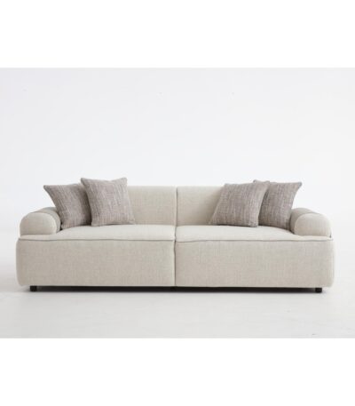 Warm oatmeal 3 seater fabric sofa with rolled bolster arms and taupe scatter cushions