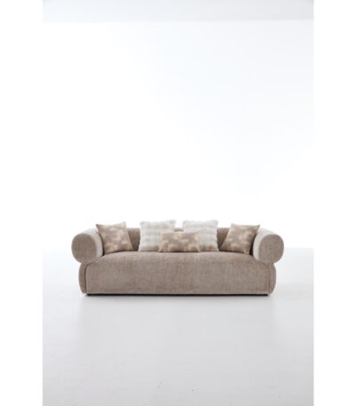 Warm oatmeal chenille 3 seater sofa with rolled bolster arms and scatter cushions — view 2