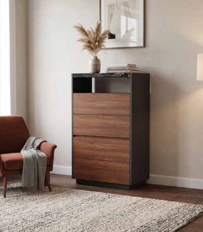 4-Drawer Chest with Marble-Look Top – Walnut & Charcoal Grey