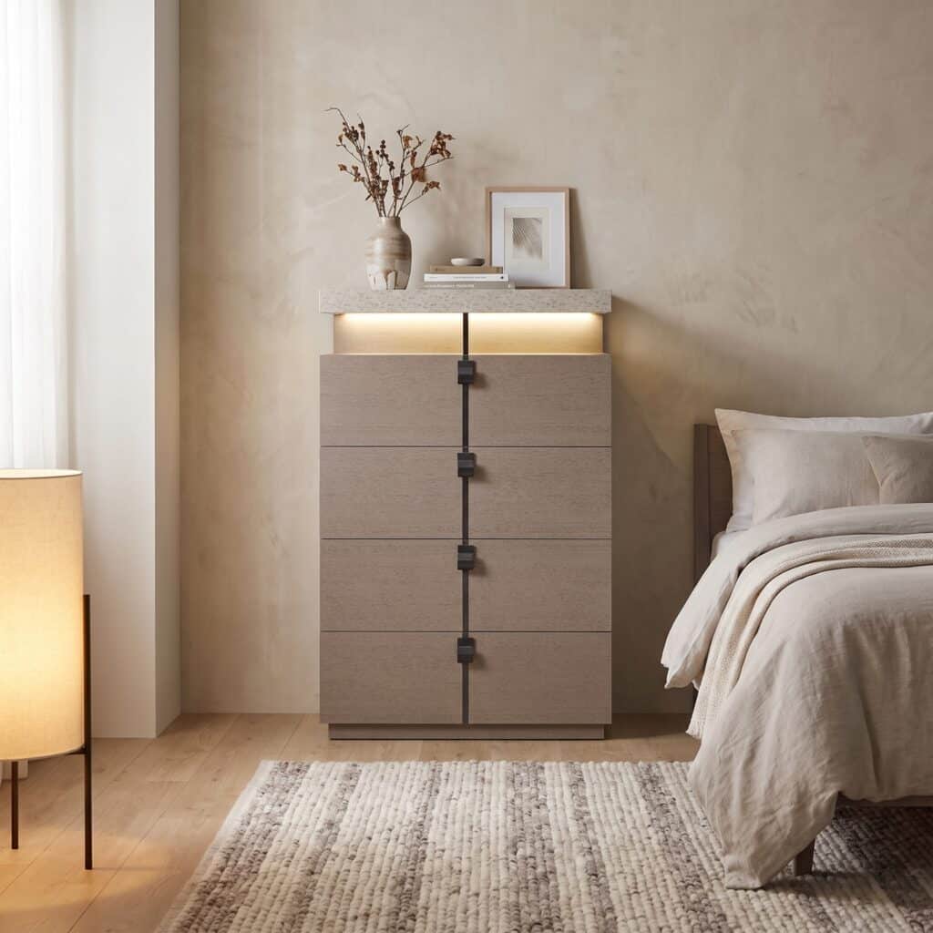 4-Drawer Wood Chest with Marble-Look Top – Taupe Grey & White