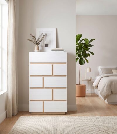 5-Drawer Wood-Grain Bedroom Chest – White & Natural Oak